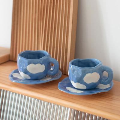 China Best Viable Selling Unique Hand Painted Blue Sky and White Irregular Handmade Ceramic Clouds Coffee Cup Saucer and Dish Tea Cup Set for sale