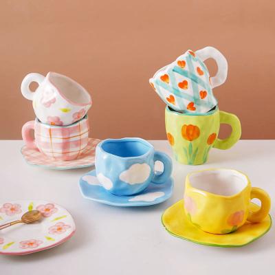 China Unique Irregular Shape Handmade Underlay Coffee Cup and Saucer Viable Hot Sale Ceramic Hand Painted Cup Set Tulip Flower Cloud Mug for sale