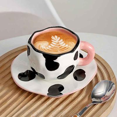 China Wholesale Best Viable Selling Cow Pattern Hand Painted Cup with Saucer Underlay Handmade Coffee or Teacup Saucer Set Home Tableware for sale