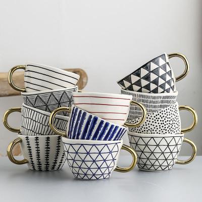 China Viable Nordic Handmade Irregular Style Ceramic Mug With Gold Handle Personalized Coffee Mugs Lunch Cup For Milk Tea Oatmeal for sale