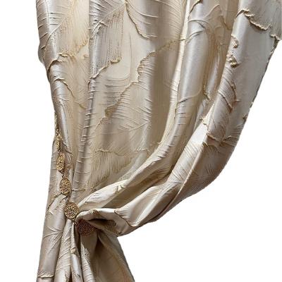 China Blackout Silk Fabric High Custom Size Shading Gold Yarn Beige Jacquard Foil Ready Made Embossed Three Dimensional Curtain for sale