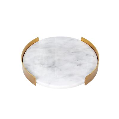 China Modern Modern Real Marble Metal Frame Round Serving Tray Creative Household Home Desktop Decor Bathroom Storage for sale