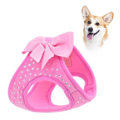 China Custom Extra Small Pink Step Padded In Velvet Adjustable Dog Harness With Bow Tie Attached for sale