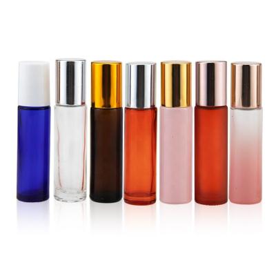 China Cosmetic Essential Oil Use 10ml Roll On Roller Glass Perfume Bottle With Glass Or Stainless Steel Trackball And Rose Gold Silver Cap for sale