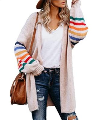 China 2021 OEM Anti-wrinkle Long Warm Stripe Cardigan Color Matching Loose Knit Cardigan Sweater Women's Sweaters for sale