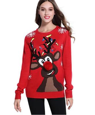 China 2021 Anti-wrinkle OEM fashion custom high quality women's unisex red knit crewneck holiday sweaters christmas sweaters for sale