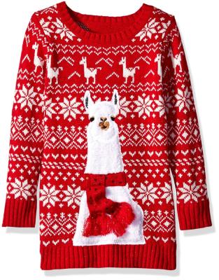 China Red Llama Animal Print Long Anti-wrinkle Snowflake Christmas Sweater For Girls for sale