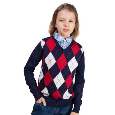 China high quality Anti-wrinkle 100% cotton plaid uniform v-neck kids pullover boy sweaters eco-friendly sweater for kids school sweater for sale