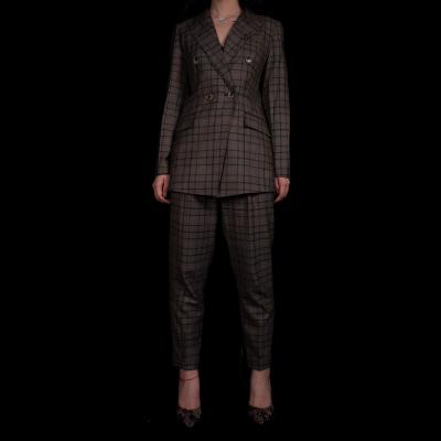 China Wholesale Women's Double Breasted Suit Set Two Piece Set Grid Tartan Woolen Suit Windproof Warm Breathable Scotland for sale