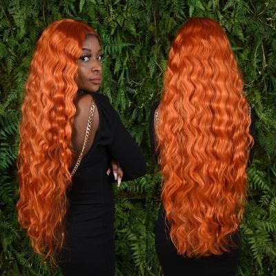 China Wholesale Ginger Curly Lace Front Wig Deep Wave Medium Part Wigs Synthetic Hair For Women and Girls Daily Party Wig for sale