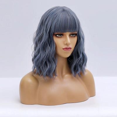 China Sale Blue Short Synthetic Bob Wigs With Neat Bangs Ombre Body Wave Shoulder Length Bob Wigs For Fashion Women Water Wave Best 2021 for sale