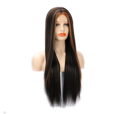 China Wholesale 26 Inch Silky Straight Wave Stain Synthetic Wigs 26 Inch Highlights Quality Lace Front Brown Synthetic For Women Hair Wig for sale