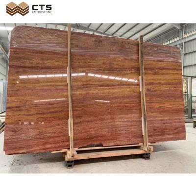 China Modern Natural Polished Red Travertine Marble Slab For Interior Wall Tile And Table Top for sale