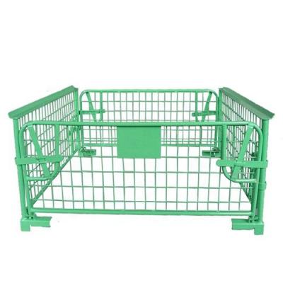 China Q235 Powder Coating Mild Steel Stackable Steel Storage Collapsible Metal Wire Mesh Pallet Container With Wooden Pallet for sale