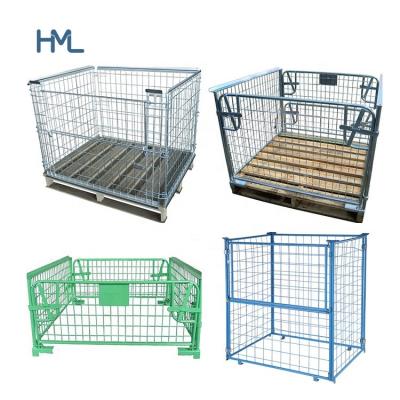 China Mild Steel Industrial Warehouse Welding Foldable Storage Stackable Metal Wire Mesh Steel Pallet Cage for sale