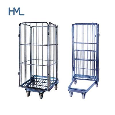 China Mild Steel 4 Sided Galvanize Warehouse Steel Foldable Industrial Metal Mesh Storage Roll Cage With 4 Wheels for sale