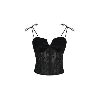 China Sexy Black Hot V-Neckline Corsetry Girl Ebony Acetate Lace Tube Top Vintage Viable Boning Designer Thin Ins Camisole for sale