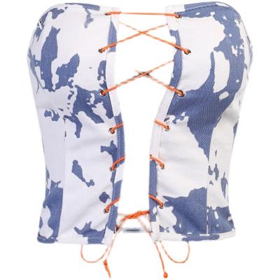 China Breathable Tube Top Denim Dyed Tie Dye Strapless Drawstring Lace Summer Top for sale