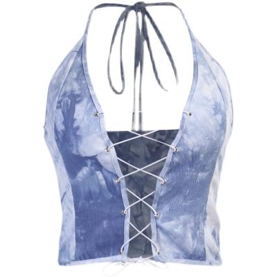 China Breathable Camisole Chic Denim Dyed Knotted Drawstring Summer Strappy Halterneck Top for sale