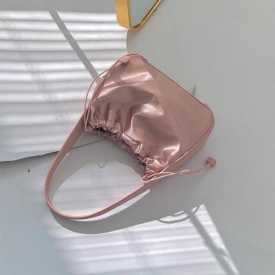 China Fashion Korean Women Satin And Leather Quilting Ruched Soft Fairy Drawstring Handbag for sale