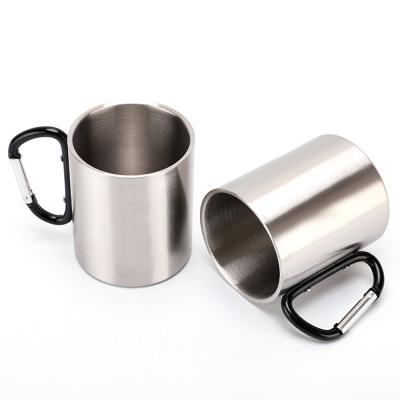 China Stocked Silver Double Wall Stainless Steel Coffee Travel Mug With Carabiner Handle for sale