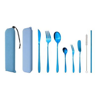 China 2021 Stocked Most Popular Portable Travel Camping Tableware Stainless Steel Blue Dinnerware Set for sale