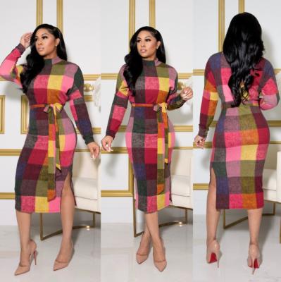 China Hot Selling New Arrival Anti-Static Women Clothes Color Plaid Splice Half-collar Long Sleeve Split Long Fashion Slim Women Dress for sale