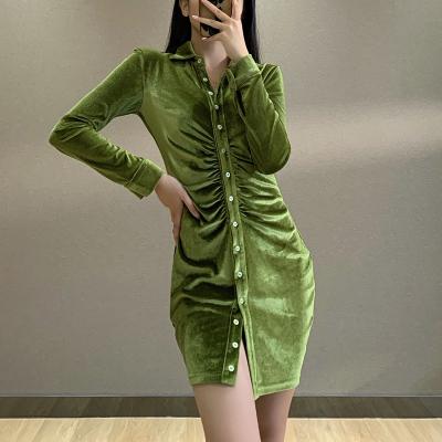 China Wholesale Anti-Static Street Style Women Clothes Solid Color Turn Down Collar Ladies Dress Buttons Closure Pleat Shirt Dress for sale