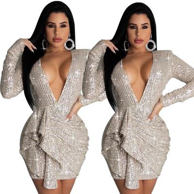 China wholesale 2020 Anti-wrinkle Spring Women Ladies V-Neck Shoulder Wrap Party Maxi Sequin Evening Dress For Dinner Party for sale