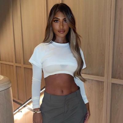 China New Arrival Breathable Women Sleeve O-Neck Crop Top White Short Top T-Shirt Ladies Causal Long Sleeve Tops for sale