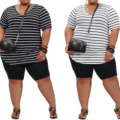 China Breathable Plus Size 2 Piece Set Women Causal Striped Short Sleeve Top Midi Pants Plus Size Women Two Piece Short Set for sale