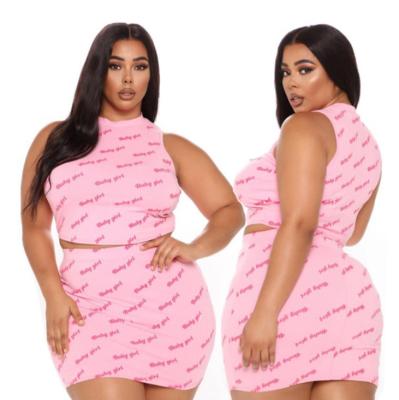 China Breathable Plus Size 2 Piece Set Women Clothing Printed Sleeveless Top Pleated Skirt Loose Plus Size Women Skirt Set for sale