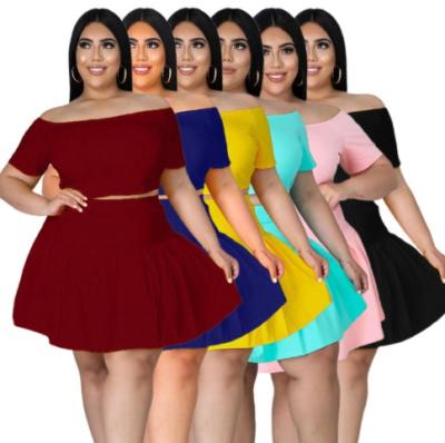 China Breathable Plus Size 2 Piece Set Women Clothing Solid Color Shorts Sheath Skirt Top Pleated Loose -shoulder Plus Size Women Skirt Set for sale