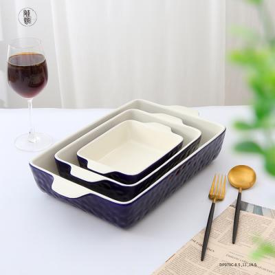 China Viable Blue Bakeware Set Pan Lasagna Pan Baking Tray Ceramic Gloss Dish Rectangular Baking Set for sale