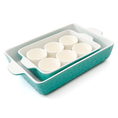 China Sustainable Porcelain Bakeware Set of 8 with Lasagna Pan Rectangular Baking Pan and Ceramic Baking Dish Set of 6 Ramekins for sale