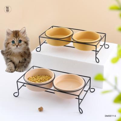 China Viable Dog Bowls Elevated Dog Food Bowl Non Slip Metal Stand High Ceramic Pet Double Bowl for sale