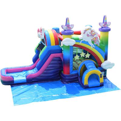 China Brinquedos infláveis para crianças Rainbow Unicorn Trampoline Castle Inflatable Bounce House com Slide à venda