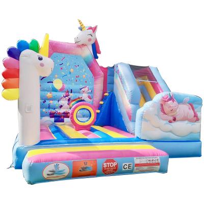 China Commercial PVC Kids Trampoline Games Rainbow Unicorn Inflatable Fun City with Slide for sale