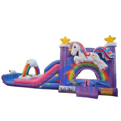 China PVC Rainbow Unicorn Inflatable Bouncer House with Inflatable Pool Slide and 3 in 1 Game for sale