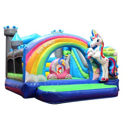 China PORTABLE Kids' Castle Play House with Unicorn and Rainbow Bridge Bouncy Castle Rental for sale