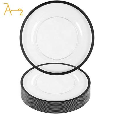 China Sustainable Factory customized clear charger plate with black rim durable acrylic plastic charger plate for wedding decoration for sale