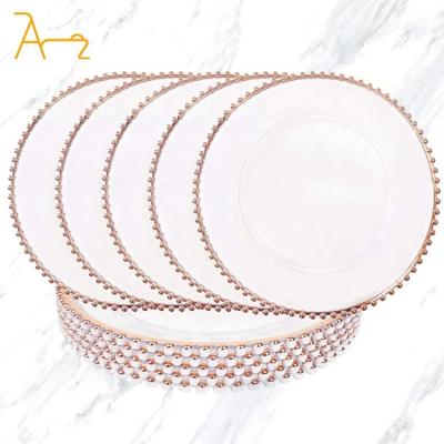 China Sustainable Order online 13 Inch Clear Rose Gold Silver Beaded Plastic Charger Plate Wholesale Wedding Decoration Charger Plates for sale