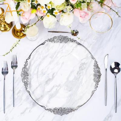 China Sustainable New Style 13 Inch White Gold Reef Cloud Rim Plastic Charger Plates Silver Patterned Acrylic Wedding Dinner Trim Tableware Set for sale