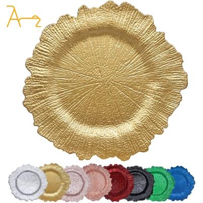 China Sustainable Bulk luxury custom wholesale newest elegant dishware decor round gold reef glass charger plates for dining wedding tableware set for sale