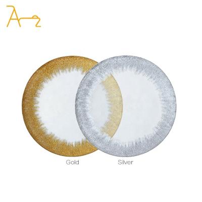 China Sustainable Factory direct bulk gold rim glass plate set dinnerware mirror charger plates white rim clear glass dishes plate for wedding for sale