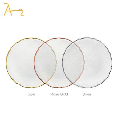 China Sustainable Birthday wedding decor wholesale flower shape dinnerware gold rim charger plates clear fancy silver rimmed glass dinner plate for sale