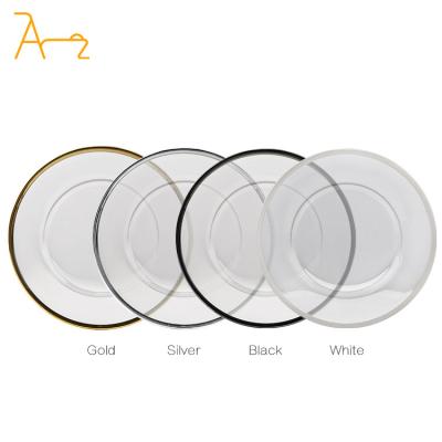 China Sustainable hot sale tendency style mirror charger plates with black rim  clear glass dish restaurant plate for wedding decoration for sale