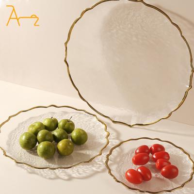 China Sustainable Luxury factory custom 12.6 inches wedding dishes set sunflower glass plate wholesale fancy clear gold rim charger plates for sale