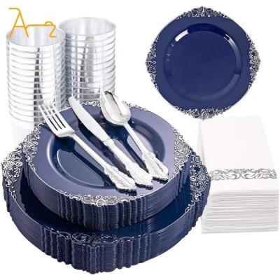 China Sustainable Quality reusable round elegant blue plastic acrylic gold rim tableware set bulk 13 inch charger plates for wedding for sale