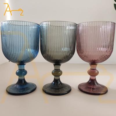 China Sustainable High quality 250ml glassware set vintage pattern amber color embossed glasses goblets drink ware wine glass for sale